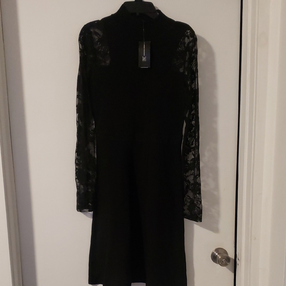 INC Elegant Black Lace-Sleeve Dress Size Small